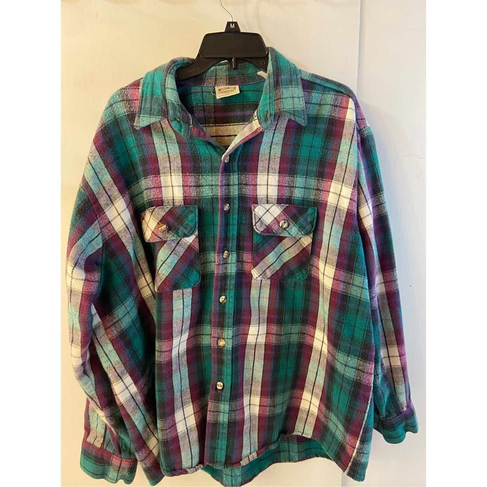 2xl Five Brother green purple‎ flannel shirt MADE in USA #92904 100 cotton